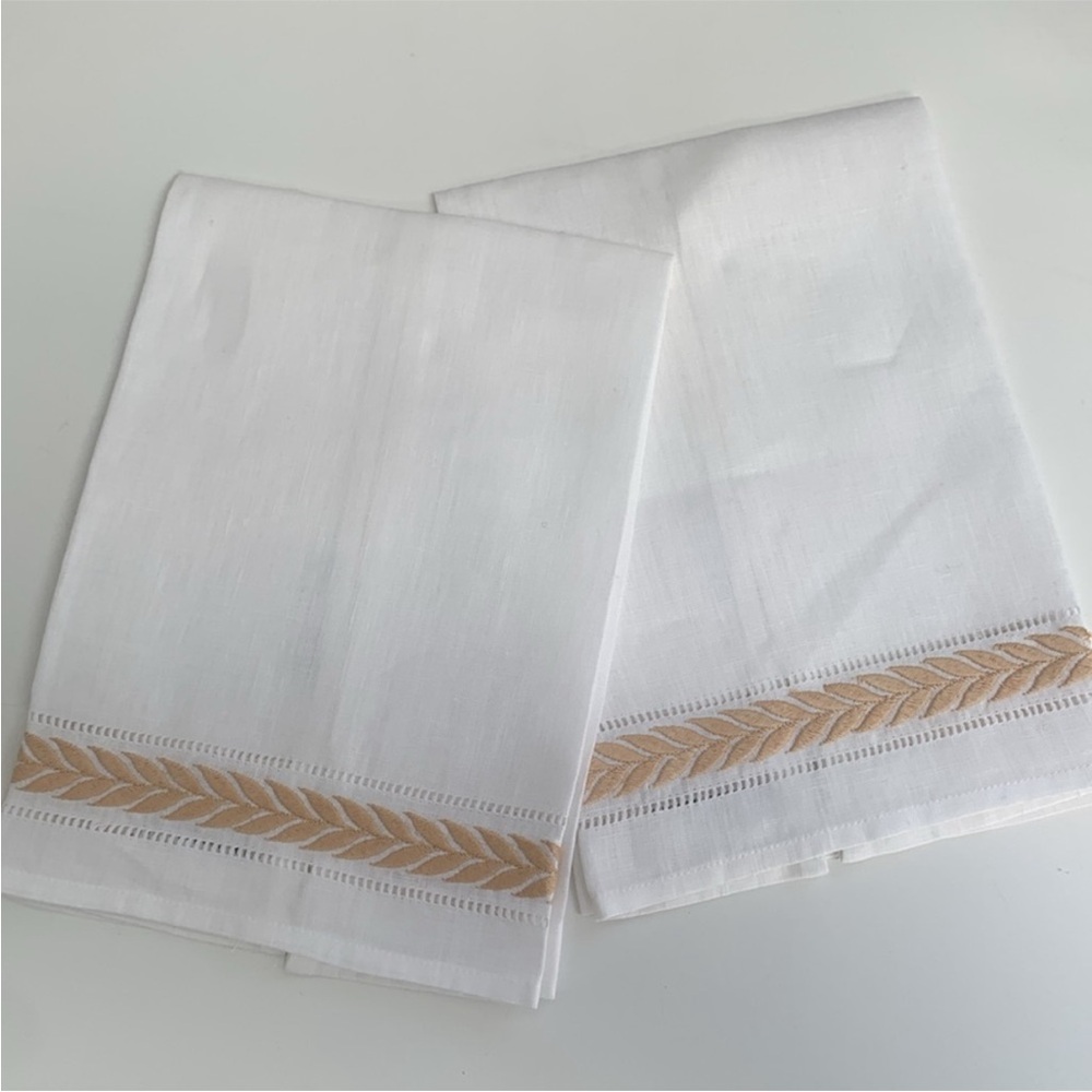 Haute Home Linens White Linen Gold Beige Embroidered Guest Towel Set